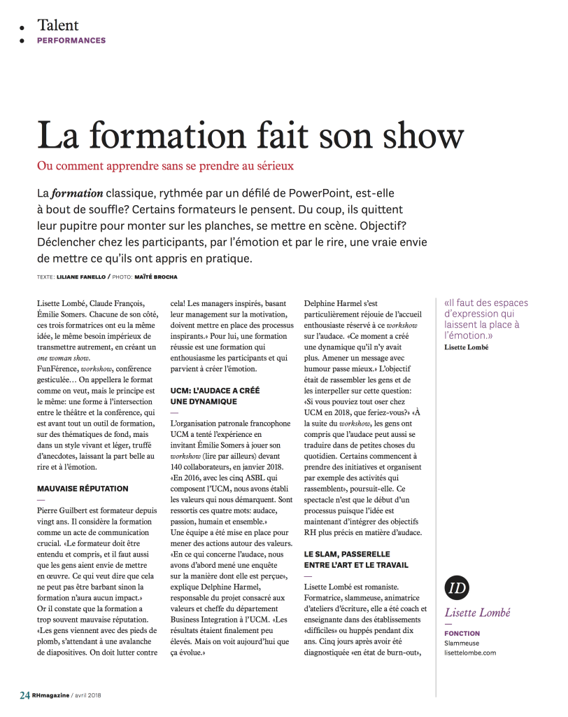 Article HR Magazine, avril 2018 : La formation fait son show.